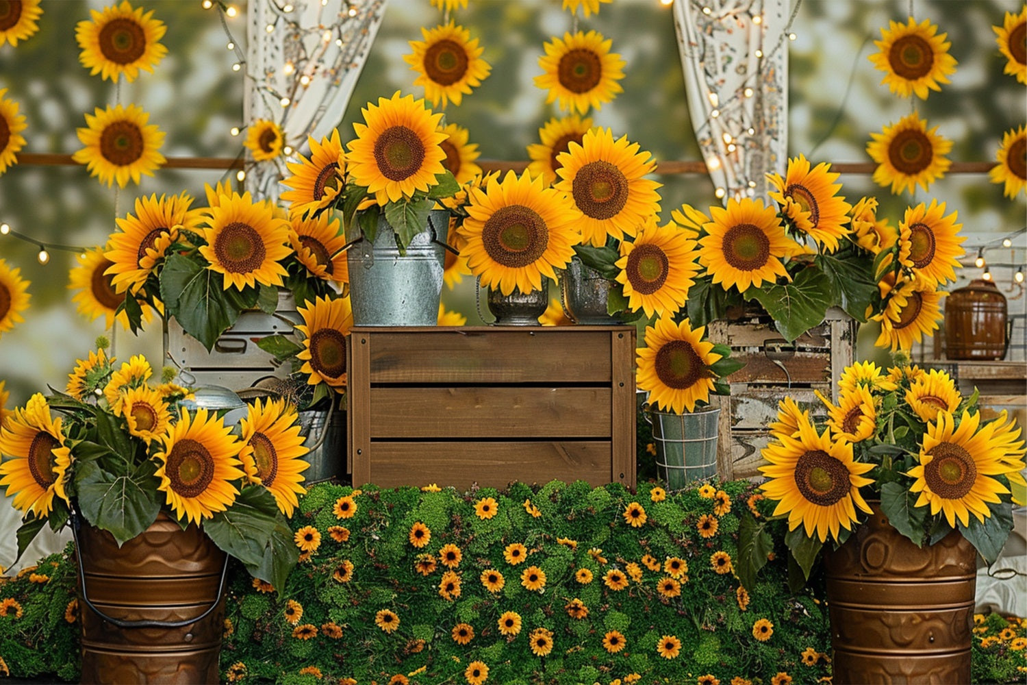 Rustic Wooden Crate Vibrant Sunflower Fall Backdrop UK BRP9-128