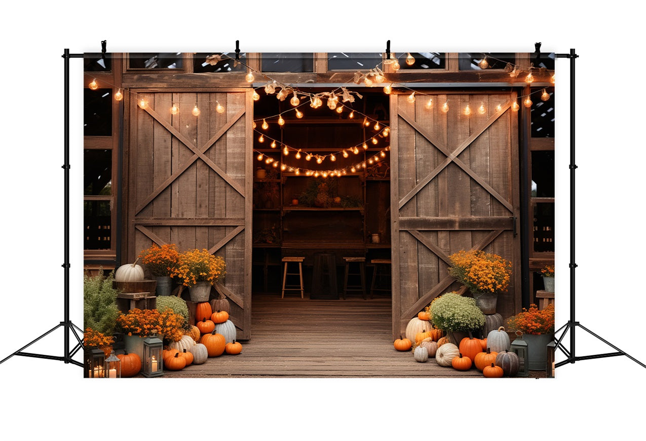 Cozy Farmhouse Barn Entrance Pumpkins Lights Backdrop UK BRP9-129