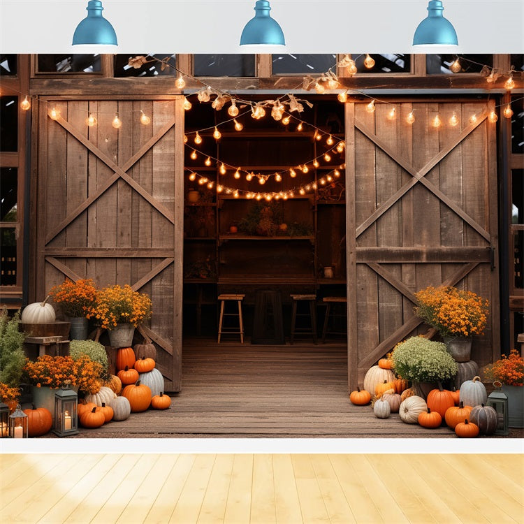 Cozy Farmhouse Barn Entrance Pumpkins Lights Backdrop UK BRP9-129