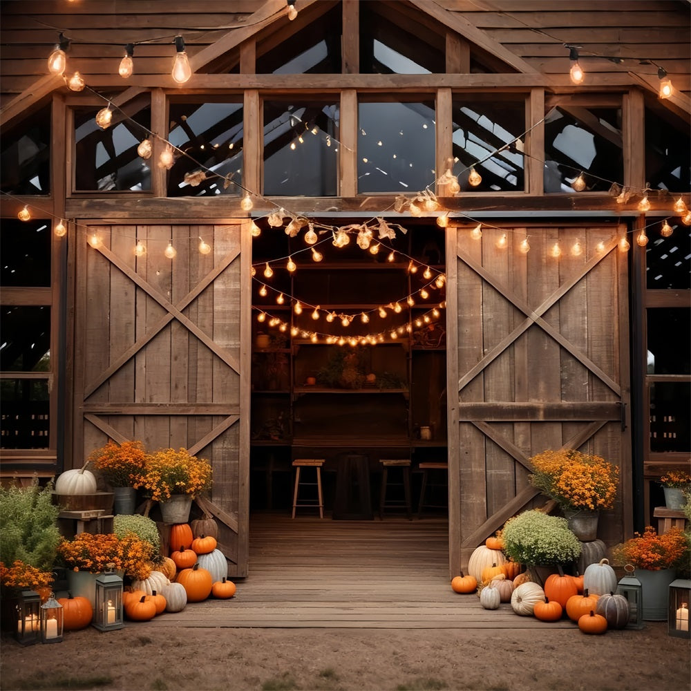 Cozy Farmhouse Barn Entrance Pumpkins Lights Backdrop UK BRP9-129