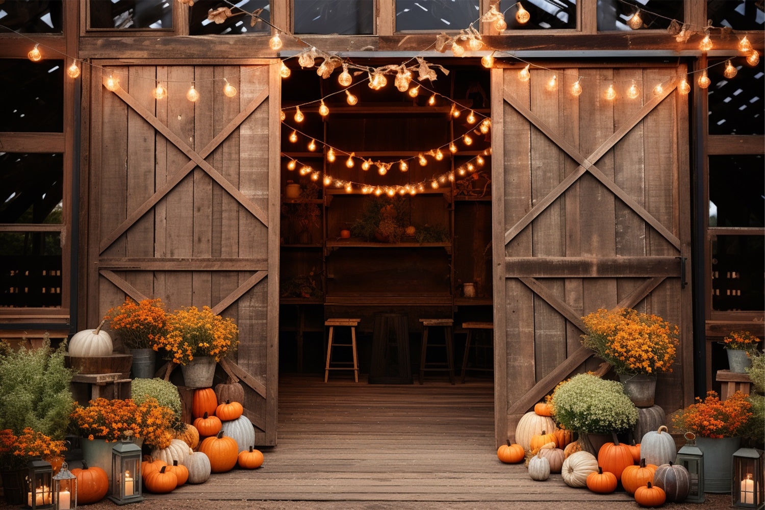 Cozy Farmhouse Barn Entrance Pumpkins Lights Backdrop UK BRP9-129