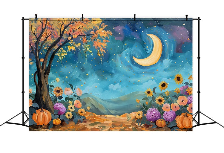 Mystical Night Sky Moon Fall Flowers Backdrop UK BRP9-130