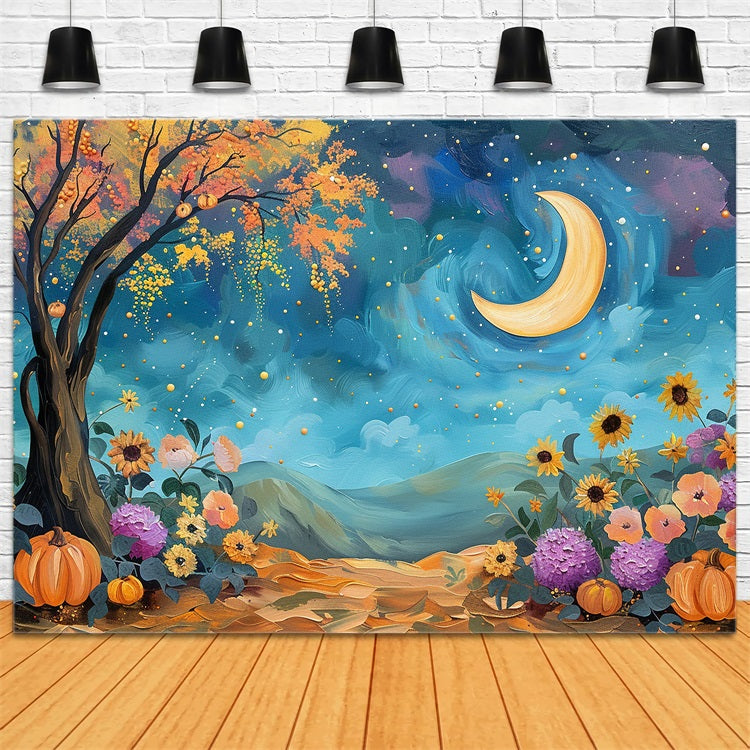 Mystical Night Sky Moon Fall Flowers Backdrop UK BRP9-130