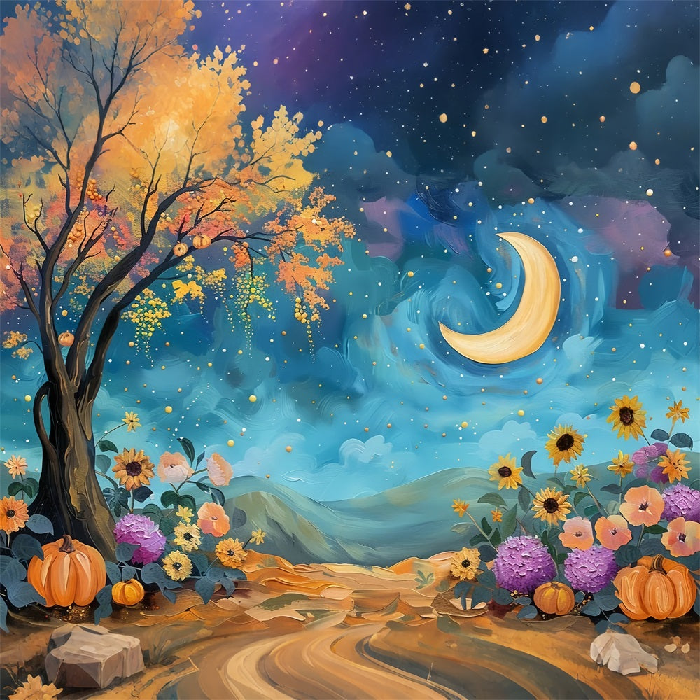 Mystical Night Sky Moon Fall Flowers Backdrop UK BRP9-130