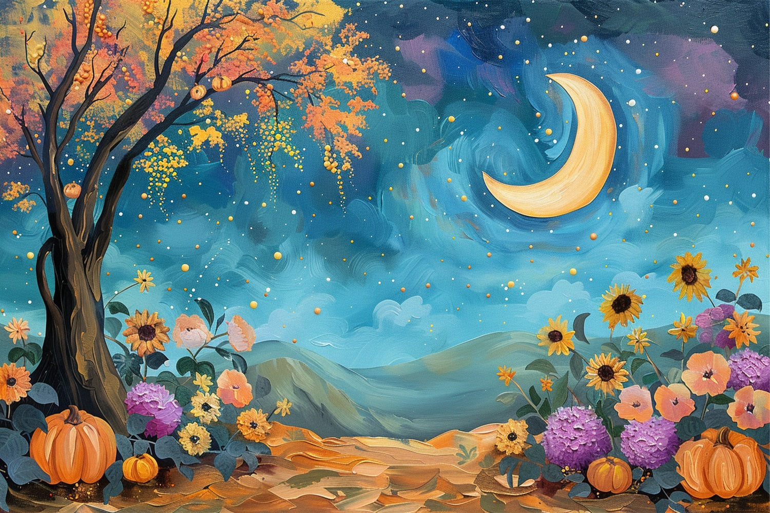 Mystical Night Sky Moon Fall Flowers Backdrop UK BRP9-130