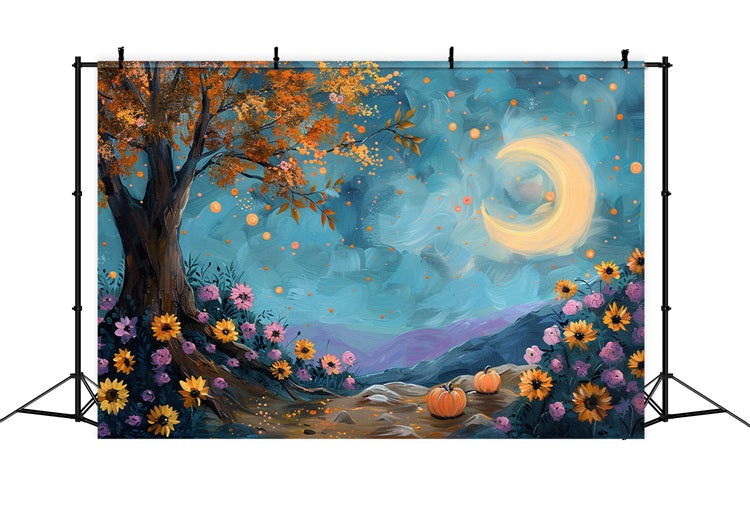 Moonlit Autumn Tree Starry Sky Flowers Backdrop UK BRP9-131