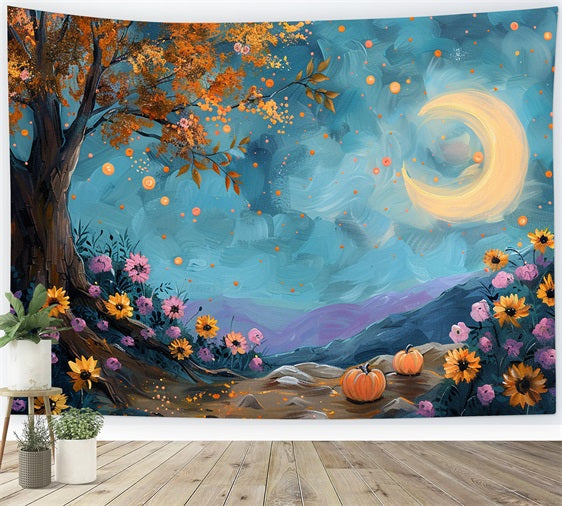 Moonlit Autumn Tree Starry Sky Flowers Backdrop UK BRP9-131