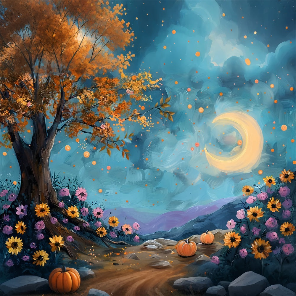 Moonlit Autumn Tree Starry Sky Flowers Backdrop UK BRP9-131