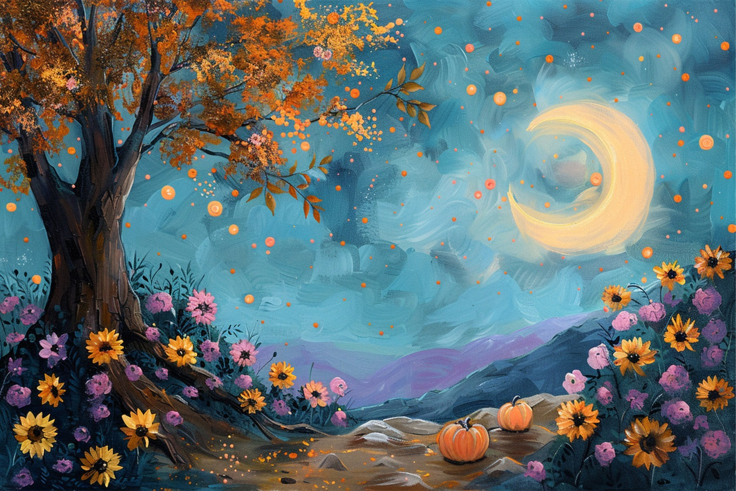 Moonlit Autumn Tree Starry Sky Flowers Backdrop UK BRP9-131