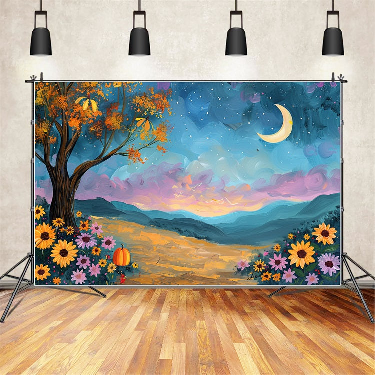 Autumn Tree Moonlit Sky Flowers Backdrop UK BRP9-132