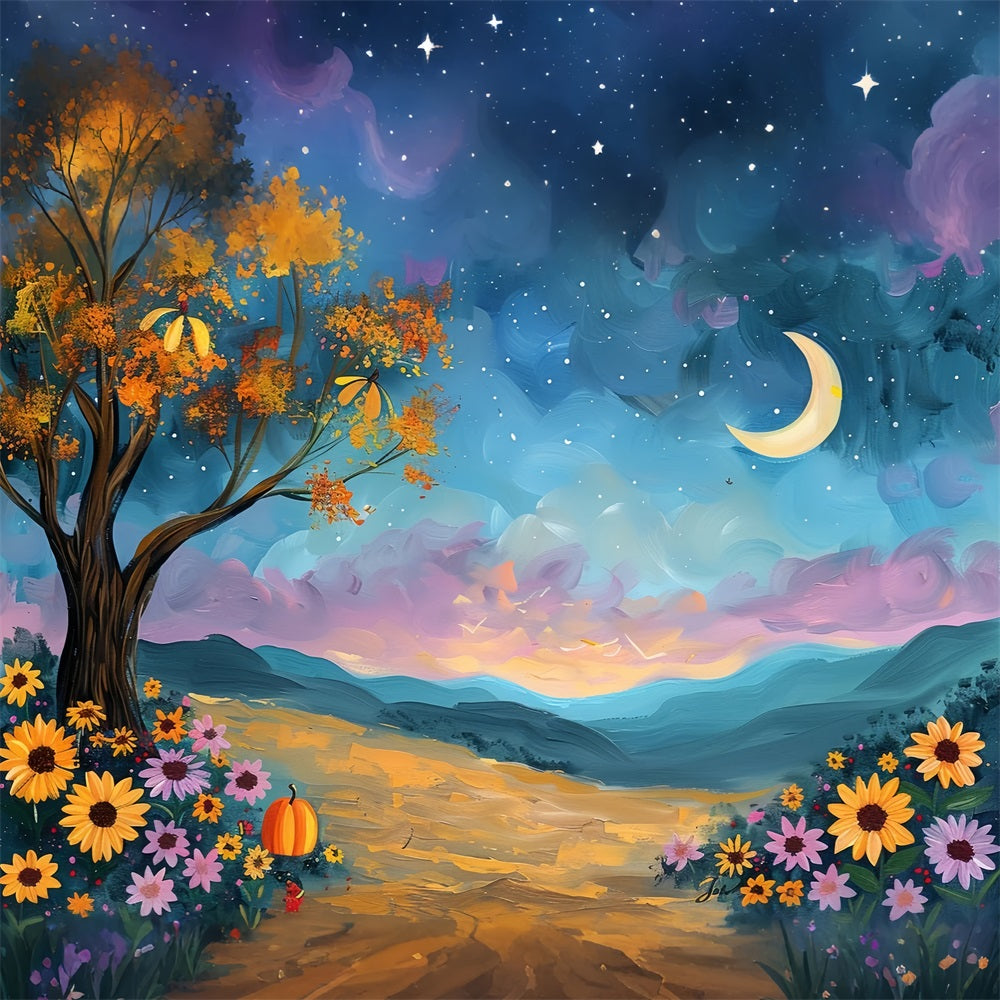 Autumn Tree Moonlit Sky Flowers Backdrop UK BRP9-132