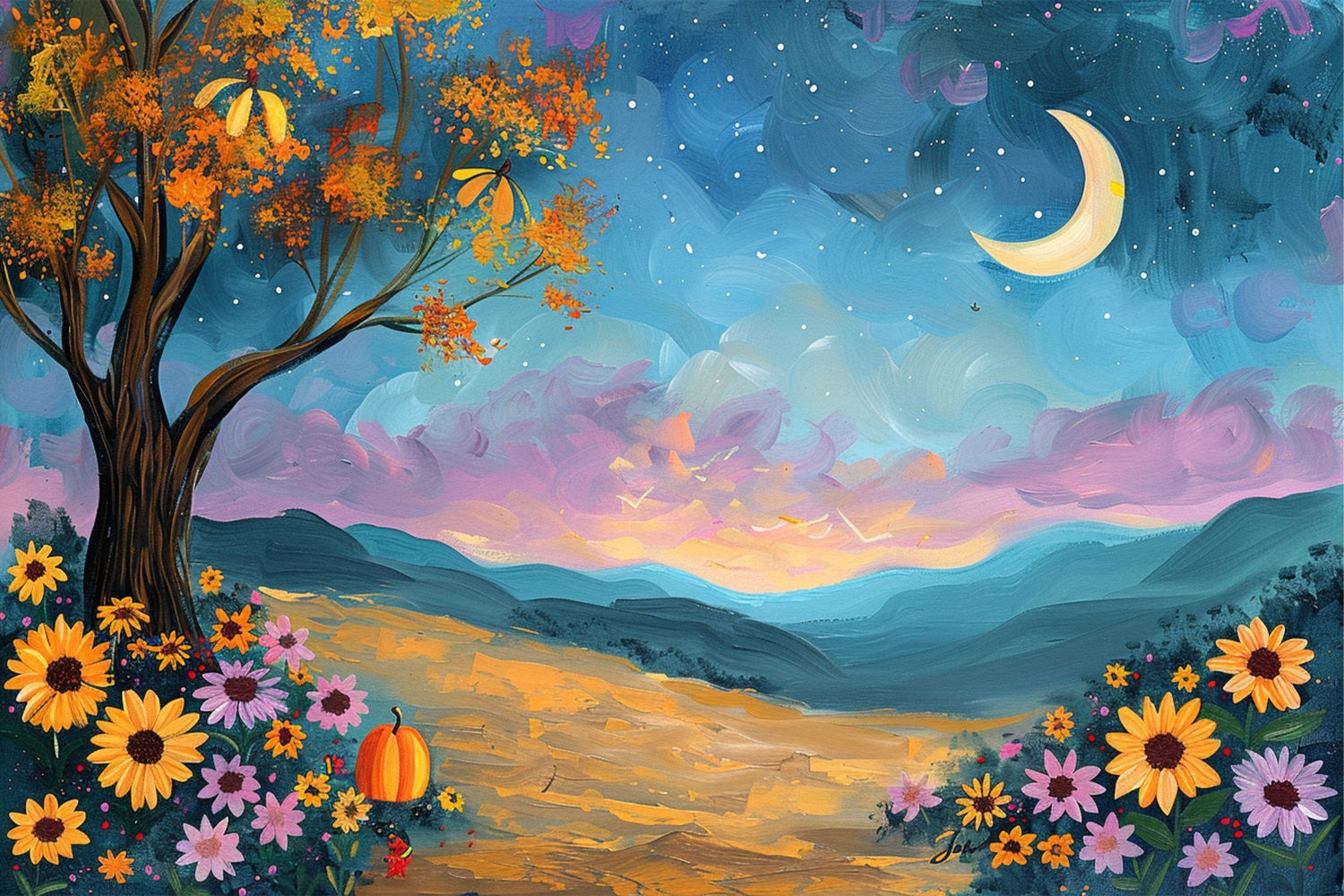 Autumn Tree Moonlit Sky Flowers Backdrop UK BRP9-132