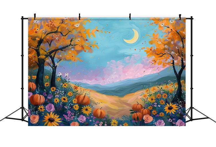 Moonlight Autumn Field Pumpkins Flowers Backdrop UK BRP9-133