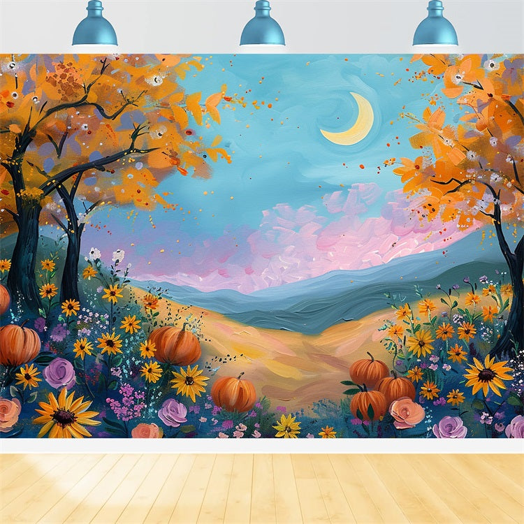 Moonlight Autumn Field Pumpkins Flowers Backdrop UK BRP9-133