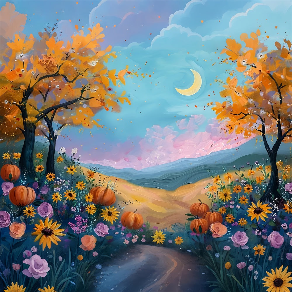 Moonlight Autumn Field Pumpkins Flowers Backdrop UK BRP9-133