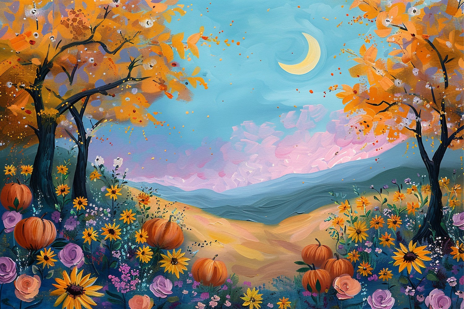 Moonlight Autumn Field Pumpkins Flowers Backdrop UK BRP9-133