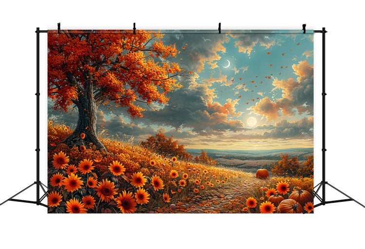 Sunlit Hillside Fall Flowers Crescent Moon Backdrop UK BRP9-134