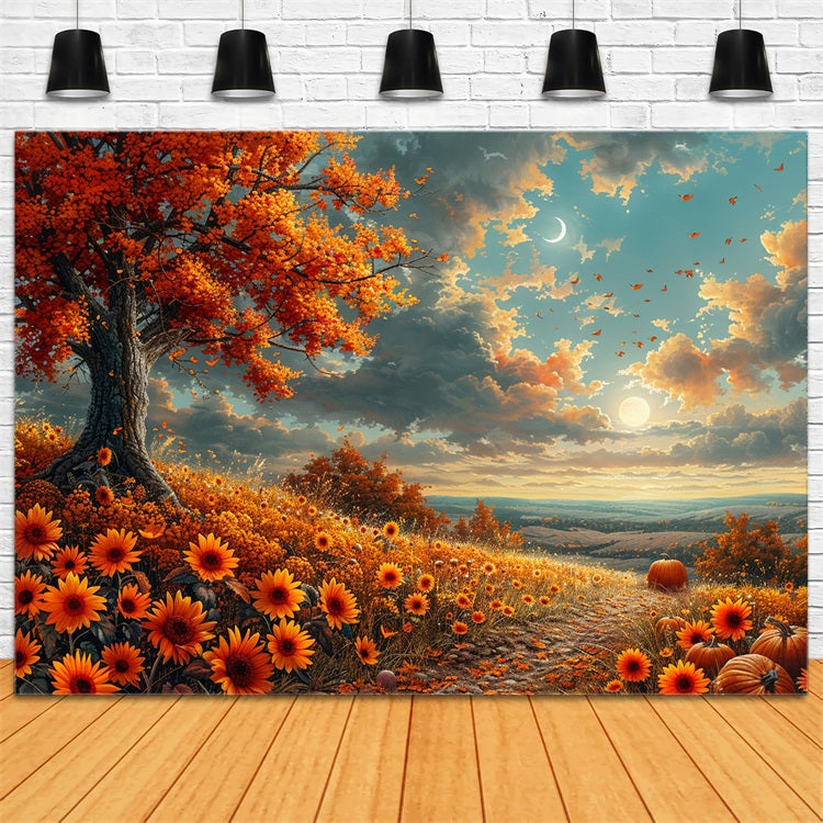 Sunlit Hillside Fall Flowers Crescent Moon Backdrop UK BRP9-134