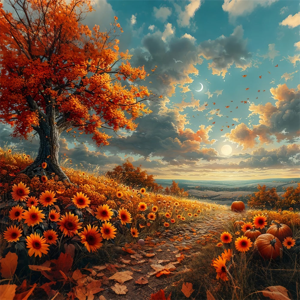 Sunlit Hillside Fall Flowers Crescent Moon Backdrop UK BRP9-134