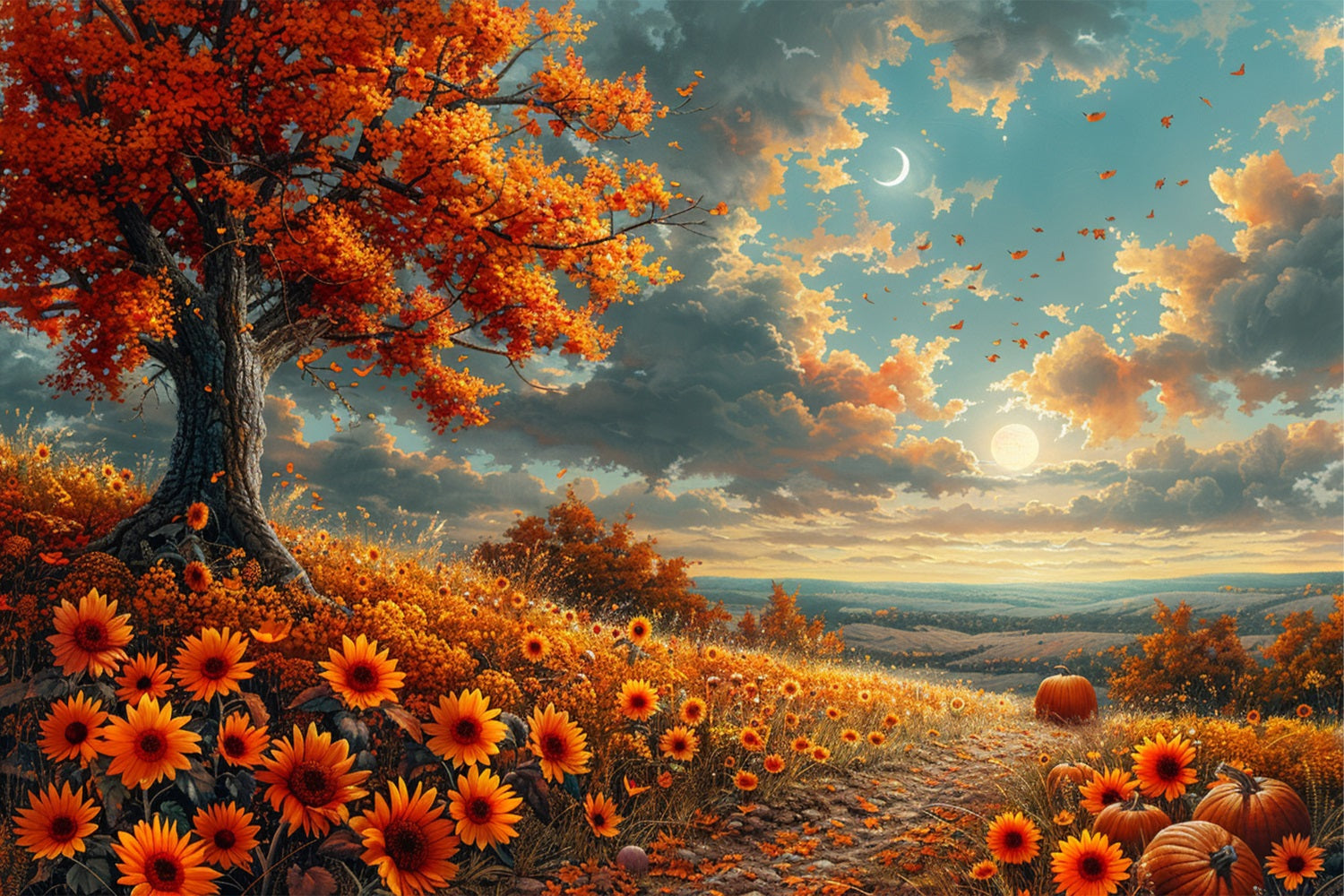 Sunlit Hillside Fall Flowers Crescent Moon Backdrop UK BRP9-134