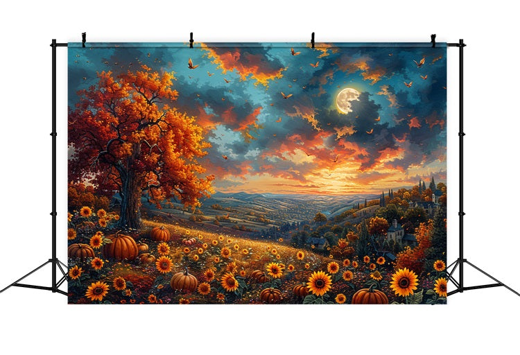 Autumn Tree Sunflowers Glowing Sky Backdrop UK BRP9-135