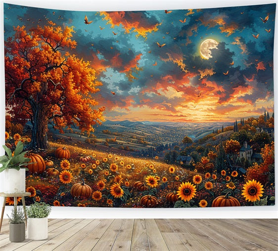 Autumn Tree Sunflowers Glowing Sky Backdrop UK BRP9-135