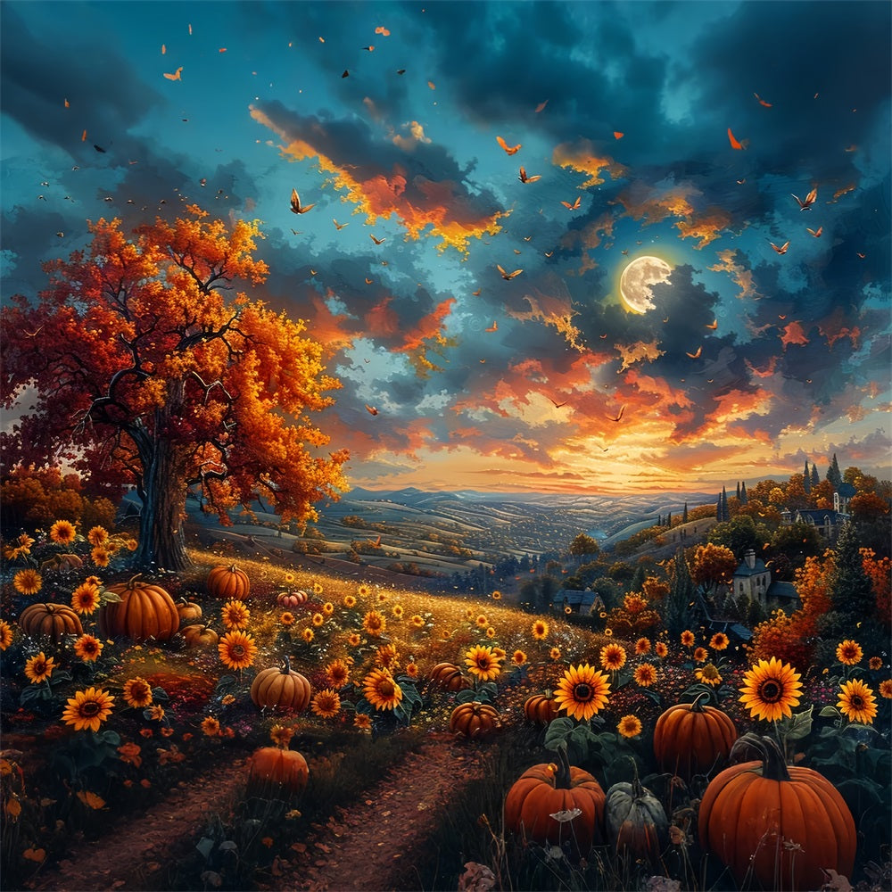 Autumn Tree Sunflowers Glowing Sky Backdrop UK BRP9-135