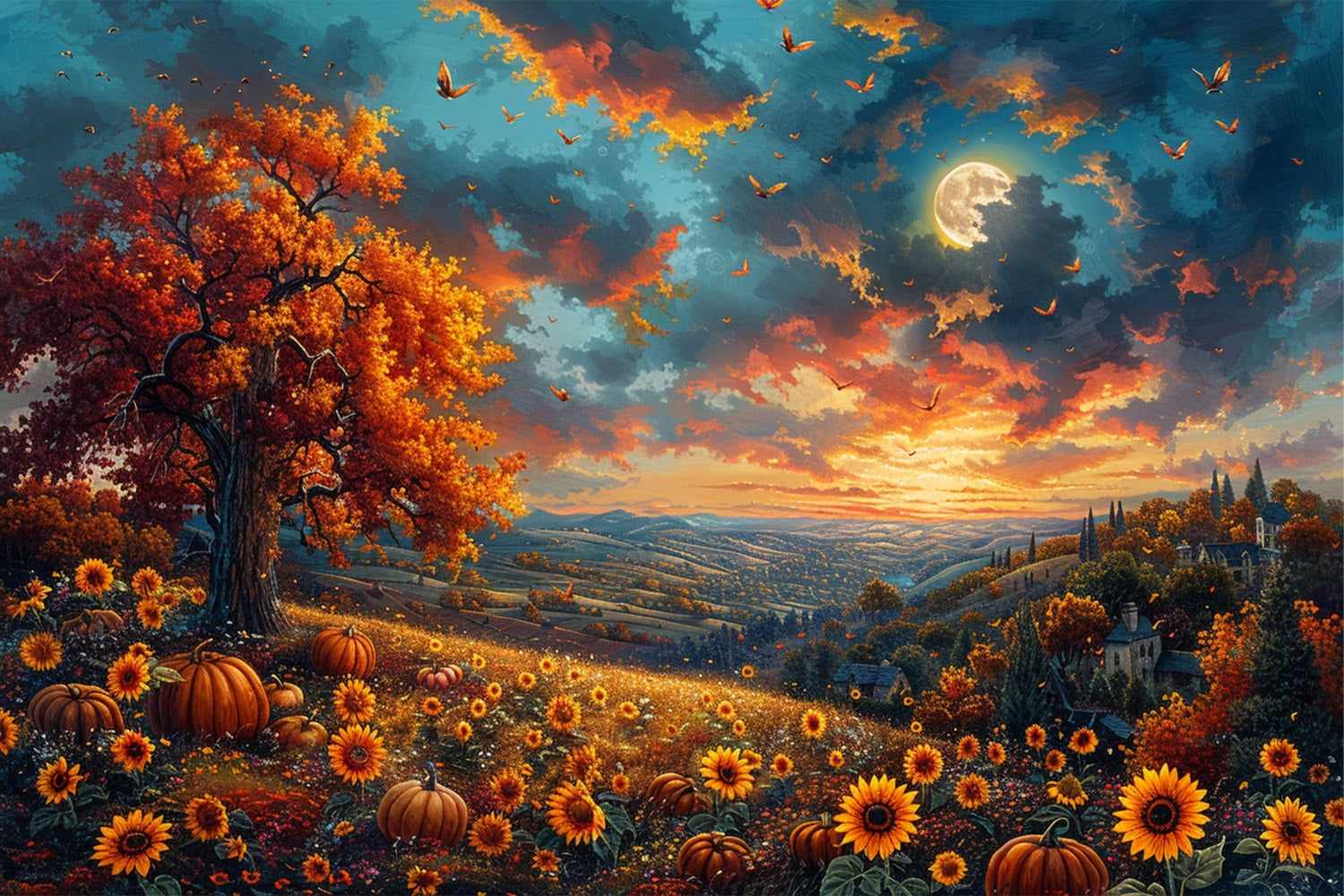 Autumn Tree Sunflowers Glowing Sky Backdrop UK BRP9-135