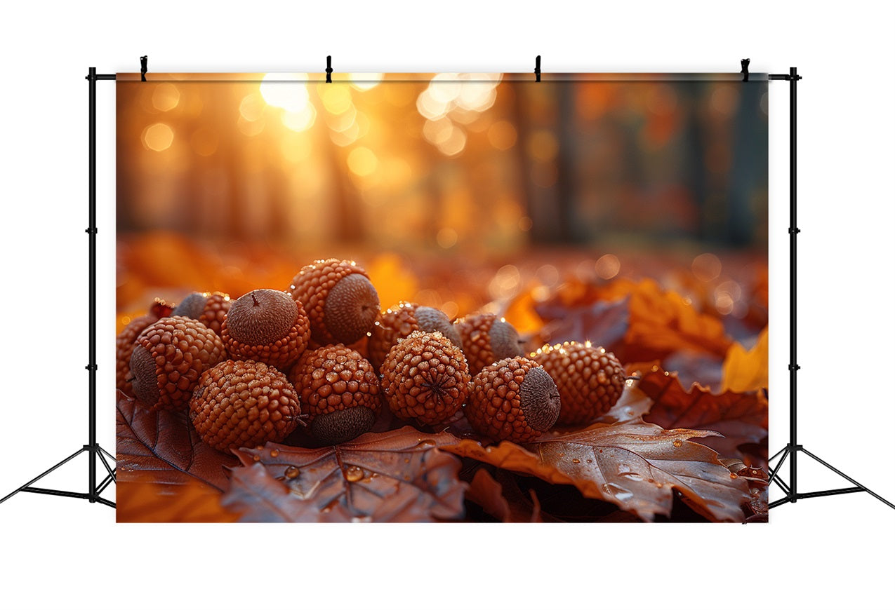 Dewy Acorns Resting Autumn Leaves Backdrop UK BRP9-138