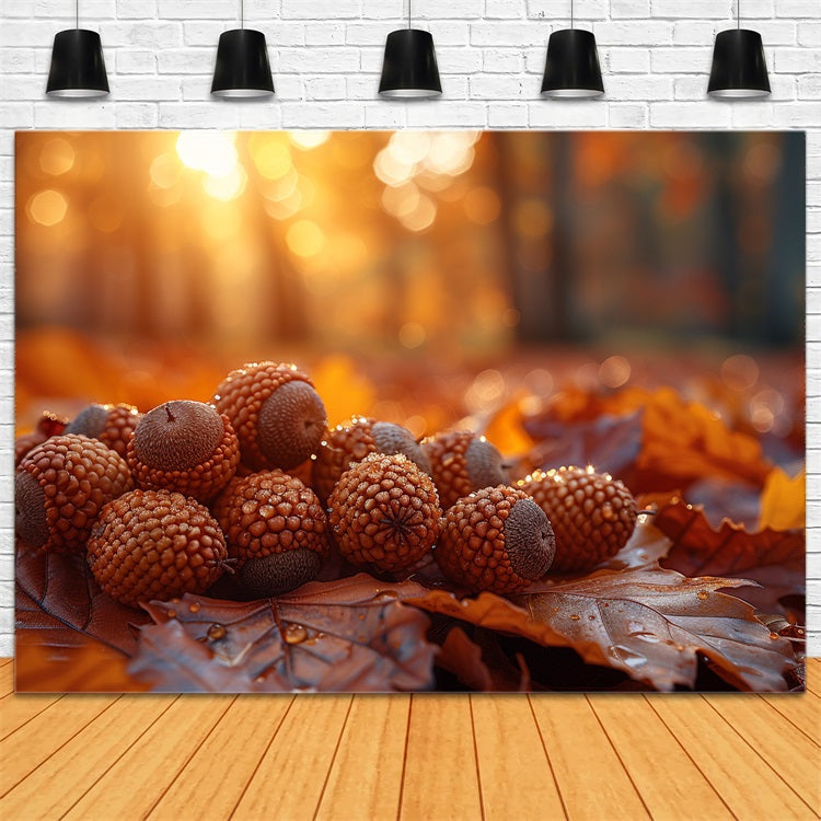 Dewy Acorns Resting Autumn Leaves Backdrop UK BRP9-138