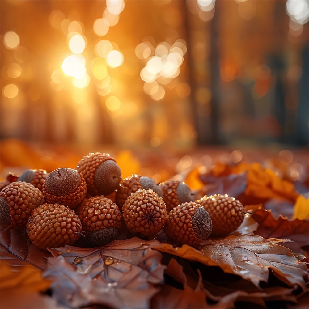 Dewy Acorns Resting Autumn Leaves Backdrop UK BRP9-138