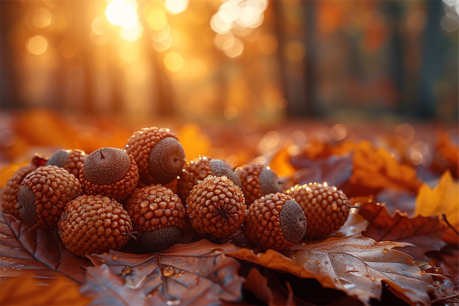 Dewy Acorns Resting Autumn Leaves Backdrop UK BRP9-138