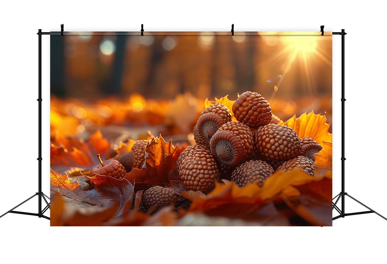 Sunlit Acorns Golden Autumn Leaf Pile Backdrop UK BRP9-139