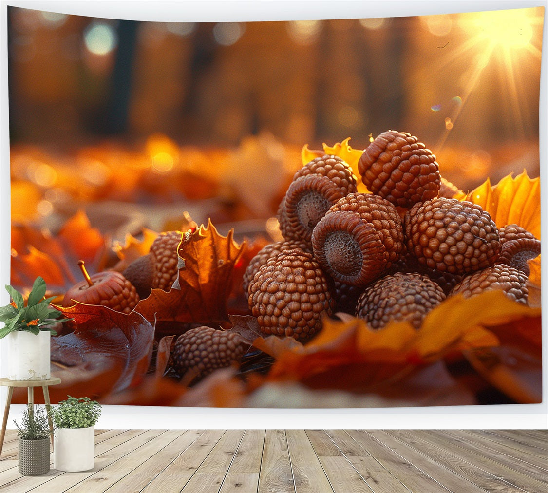 Sunlit Acorns Golden Autumn Leaf Pile Backdrop UK BRP9-139