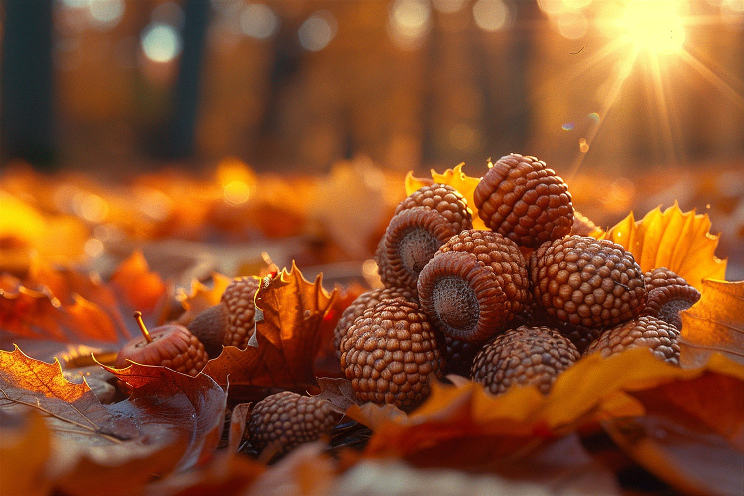 Sunlit Acorns Golden Autumn Leaf Pile Backdrop UK BRP9-139