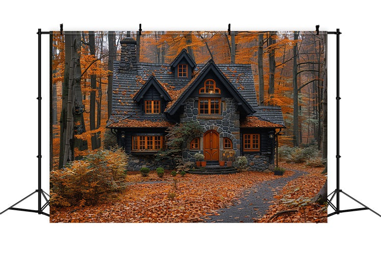 Autumn Leaves Covering Quaint Forest Cottage Backdrop UK BRP9-143