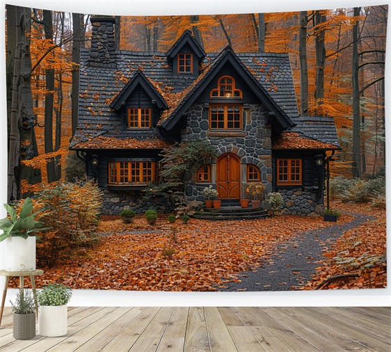 Autumn Leaves Covering Quaint Forest Cottage Backdrop UK BRP9-143