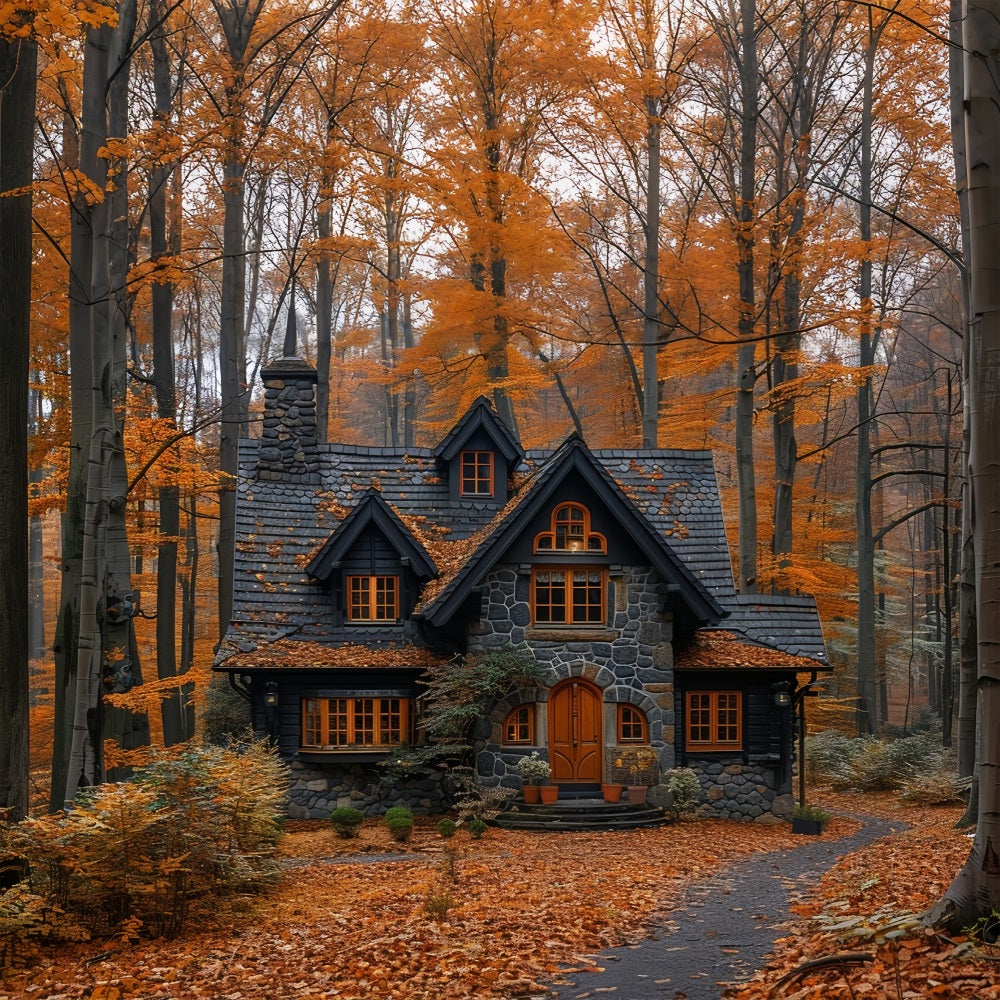 Autumn Leaves Covering Quaint Forest Cottage Backdrop UK BRP9-143