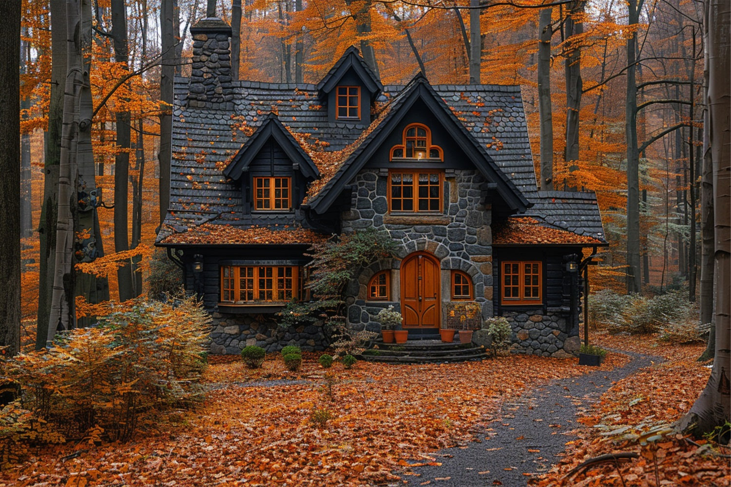 Autumn Leaves Covering Quaint Forest Cottage Backdrop UK BRP9-143