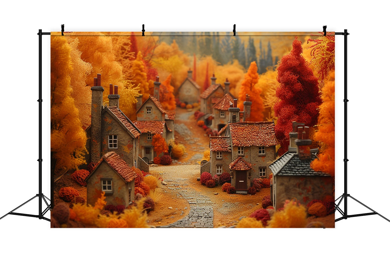 Storybook Autumn Village Warm Orange Trees Backdrop UK BRP9-149