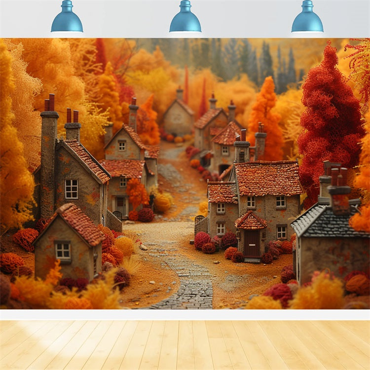 Storybook Autumn Village Warm Orange Trees Backdrop UK BRP9-149