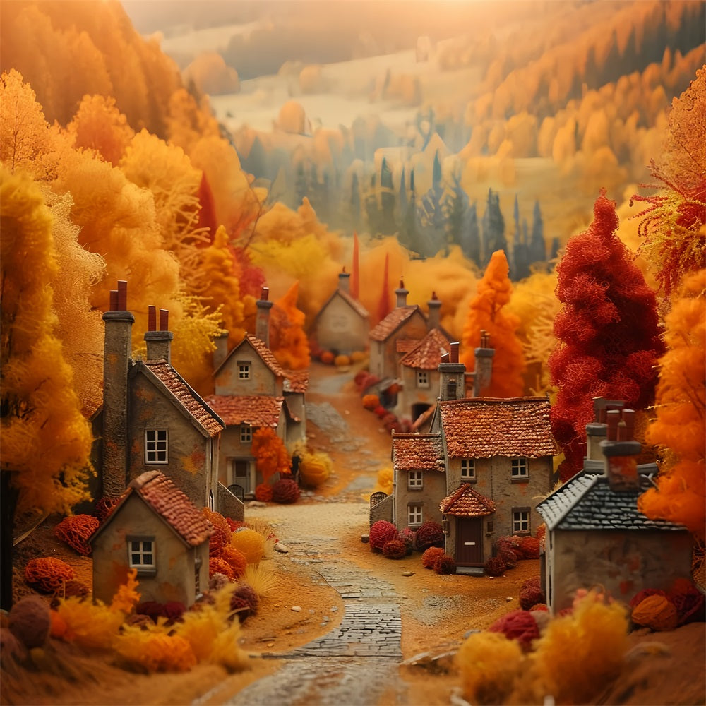 Storybook Autumn Village Warm Orange Trees Backdrop UK BRP9-149