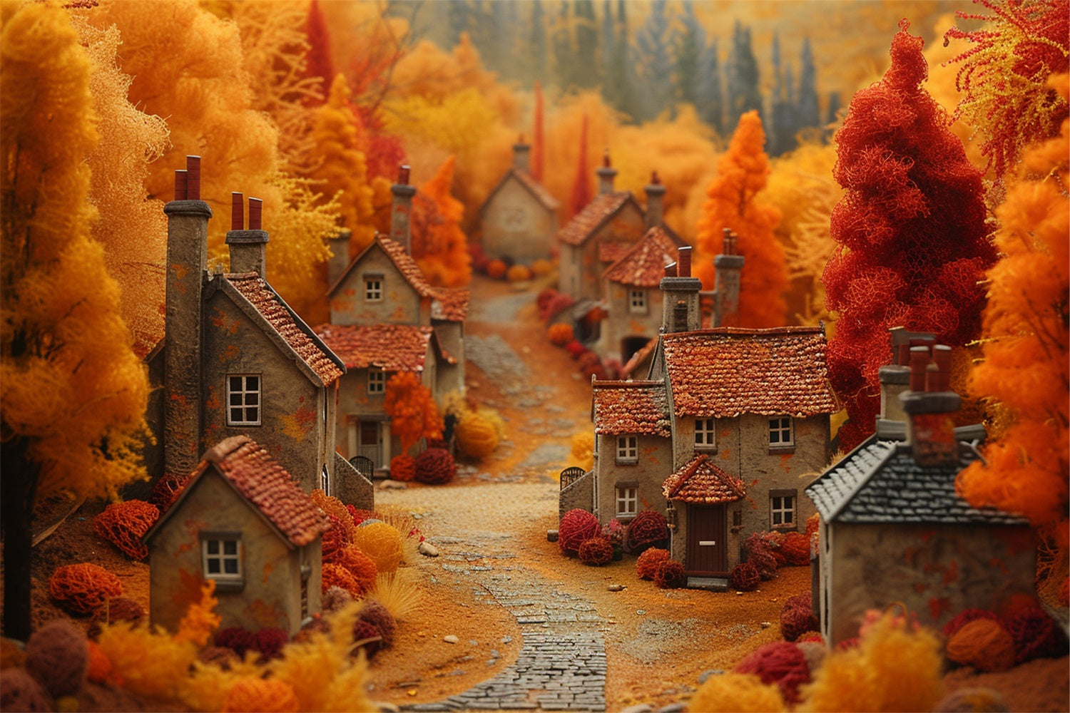 Storybook Autumn Village Warm Orange Trees Backdrop UK BRP9-149