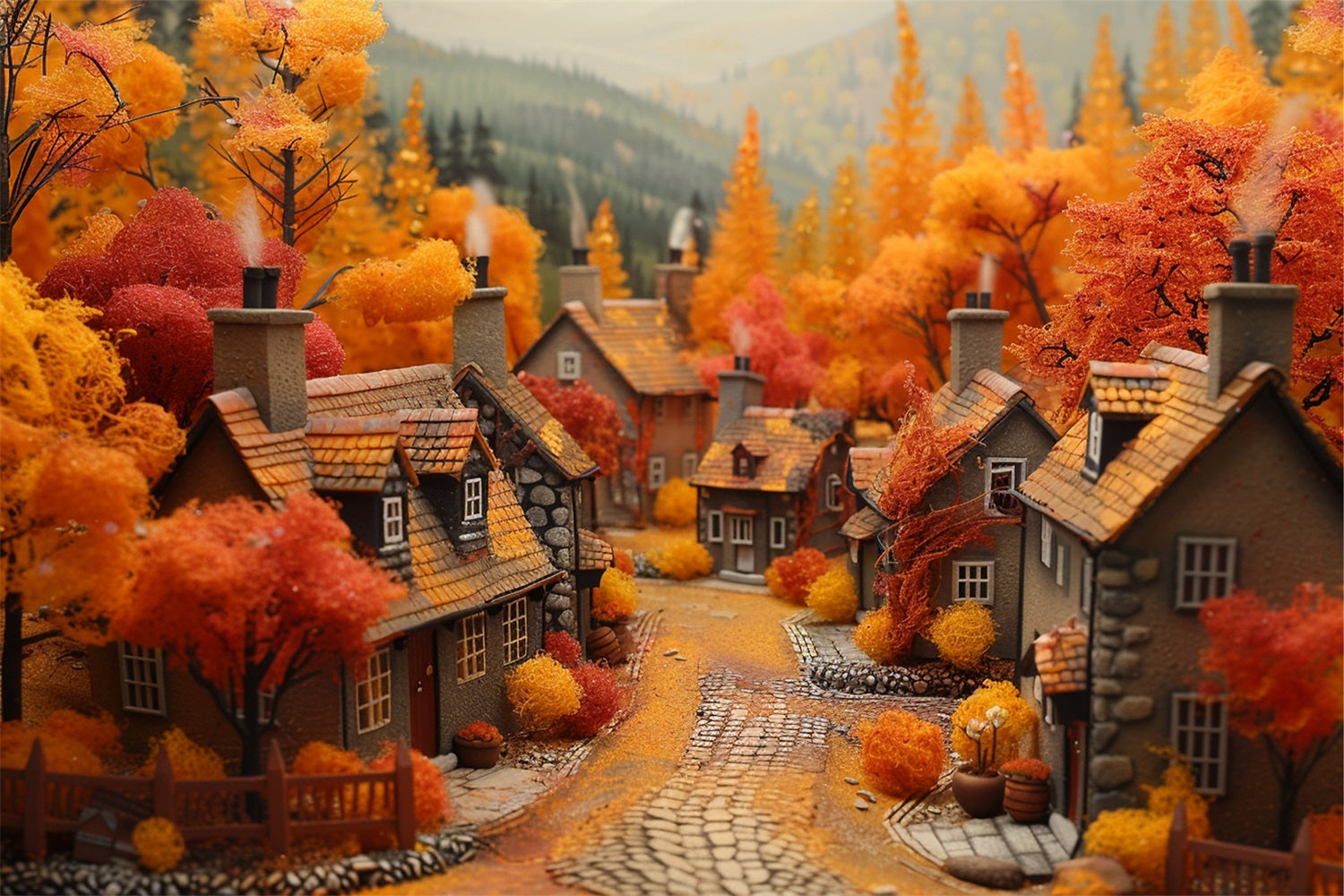 Autumn Dream Village Orange Red Trees Backdrop UK BRP9-150