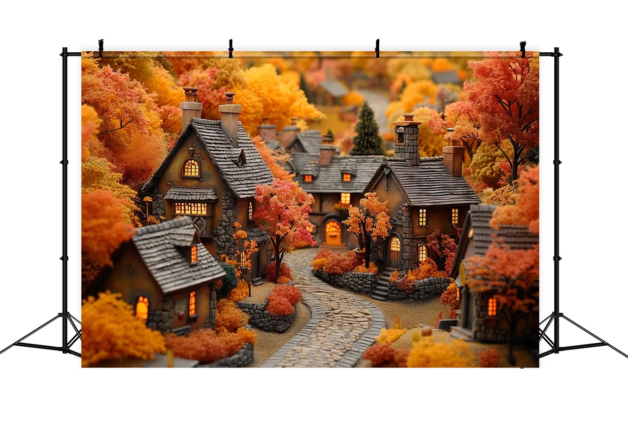 Cozy Autumn Village Glowing Cottage Windows Backdrop UK BRP9-151