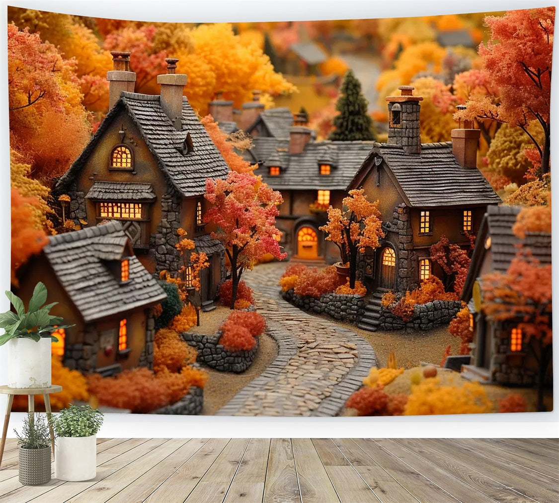 Cozy Autumn Village Glowing Cottage Windows Backdrop UK BRP9-151