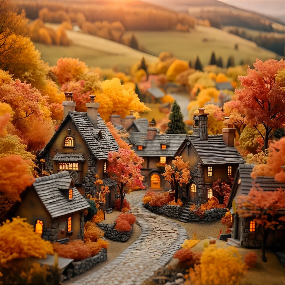 Cozy Autumn Village Glowing Cottage Windows Backdrop UK BRP9-151