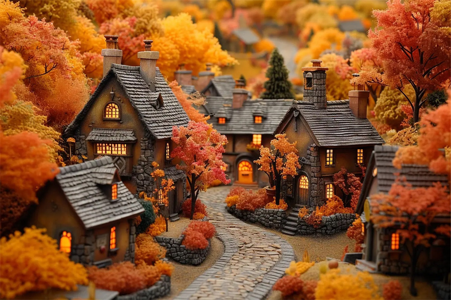 Cozy Autumn Village Glowing Cottage Windows Backdrop UK BRP9-151