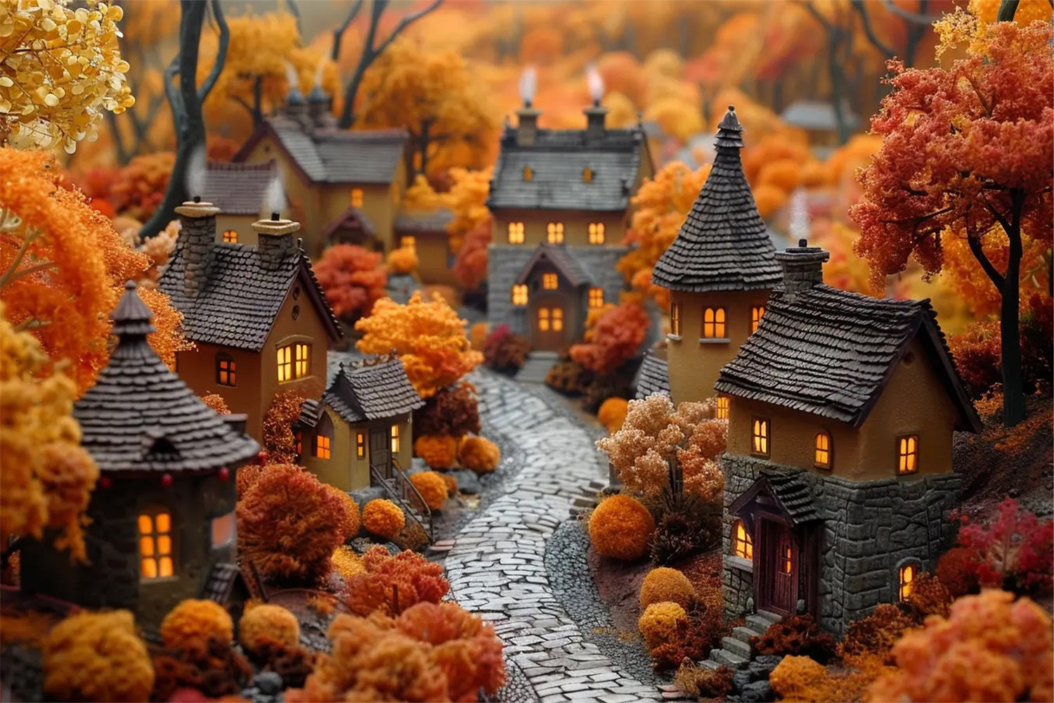 Golden Leaves Cottages Autumn Village Backdrop UK BRP9-152