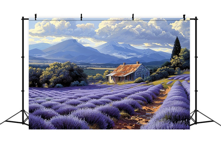 Purple Lavender Fields Surrounding Rustic Farmhouse Backdrop UK BRP9-154